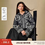 茵曼北歐風(fēng)系帶翻領(lǐng)提花毛衣2025冬季女裝新款慵懶寬松羊毛針織衫 深灰色 S