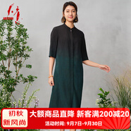 天意TANGY/天意2024商場同款夏季新品莨綢民族風(fēng)吊染香云紗襯衫連衣裙 7402茛森林綠 L