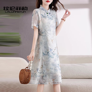 拉倫菲韻意式高端品牌新中式連衣裙女2025夏季新款氣質(zhì)顯瘦改良國風(fēng)旗袍裙 灰藍(lán)色 M
