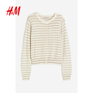H&M【徐若晗同款】女裝毛針織衫秋慵懶短款打底衫miu系薄開(kāi)衫0579541 米色/條紋 XL 170/116