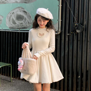 森女部落秋冬純色甜美花苞a字裙小白裙立領(lǐng)打底裙子長(cháng)袖連衣裙女 米白色連衣裙 S 模特碼