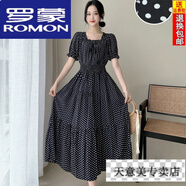 羅蒙（ROMON）超仙棉綢連衣裙時(shí)尚方領(lǐng)大擺碎花長(cháng)裙波西米亞收腰顯瘦度假沙灘裙 黑底波點(diǎn) XL 110-120斤