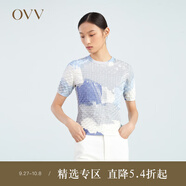 OVV2023春夏新款女裝柔軟親膚絲光棉肌理感手工印花短袖針織衫 藍灰花紋11 M