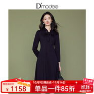 黛瑪詩新款優(yōu)雅系帶領(lǐng)連衣裙女高腰顯瘦大擺長袖淑女裙子 藏藍色 3XL