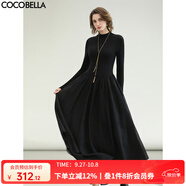 COCOBELLA赫本風(fēng)禮服半高領(lǐng)連衣裙小黑裙褶皺肌理大擺長裙FR0008 黑色 M