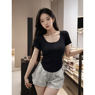 小紅書(shū)爆款小紅書(shū)爆品U領(lǐng)白色打底衫女秋冬內搭t恤短款修身顯瘦身 黑色短袖 適合80-100斤 均碼