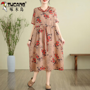 啄木鳥（TUCANO）民族風(fēng)印花棉麻連衣裙女裝夏季新款苧麻盤扣長裙松緊腰亞麻A字裙 橘色花 M 【建議95-110斤】