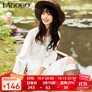 LAGOGO波西米亞荷葉邊連衣裙女拉谷谷春秋款長袖V領(lǐng)白色鏤空裙子 本白色(V1) M