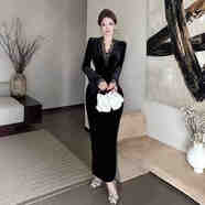 彈簧人（TANHUANGREN）氣質(zhì)女人味簡(jiǎn)約修身拼接蕾絲包臀連衣裙長(cháng)袖微喇女神款 黑色 L