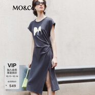 MO&Co.印花小飛袖高腰捏褶不規(guī)則開叉小眾氣質(zhì)連衣裙女摩安珂 鋼灰色-第2批 L 170