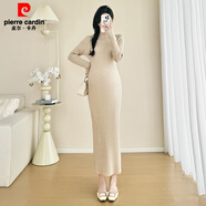 皮爾卡丹（pierre cardin）孕婦針織連衣裙秋冬新款修身顯瘦長(cháng)款毛衣裙過(guò)膝 花杏色 S