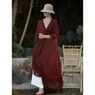知筆墨知筆墨秋新中式改良長(cháng)款亞麻絳紅袍子風(fēng)衣 漢服式系帶外套女 降紅色 均碼
