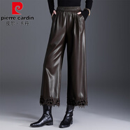 皮爾卡丹（pierre cardin）蕾絲拼接闊腿皮褲女2025秋冬新款高腰寬松顯瘦直筒褲墜感休閑褲 咖色 XL