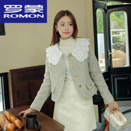 羅蒙（ROMON）2025秋冬新款氣質(zhì)小香風學院風蕾絲娃娃領時尚撞色花紗短外套百搭 加棉加厚綠 S