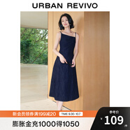 UR夏季新款女裝設計感斜肩領吊帶牛仔連衣裙UWG840189 寶藍 S