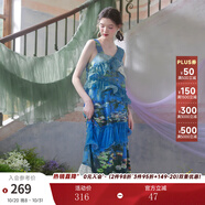 兩三事度假超仙的裙子女夏季紫色油畫藝術吊帶海邊連衣裙云霧睡蓮 藍色 L