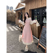 小紅書(shū)爆款粉色蝴蝶結娃娃領(lǐng)毛呢連衣裙女冬季中長(cháng)款微胖MM收腰顯 粉色長(cháng)款 XL[建議120~135斤] 均碼