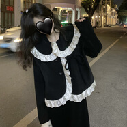 ROAR UTHAUG150小個(gè)子一起看雪娃娃領(lǐng)花邊外套可愛(ài)毛呢子短款上衣 黑色花邊毛呢短外套_現貨 XS _模特碼