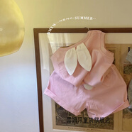 雷姆汀女童夏季套裝2025新款韓版洋氣兒童寶寶短袖短褲兩件套潮童裝 大耳朵套裝粉色 80