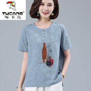 啄木鳥(niǎo)棉女士t恤短袖寬松中年老年上衣女洋氣印花夏季新款中年媽m媽夏 藍色【專(zhuān)柜質(zhì)量】 5XL 建議【160-175斤】
