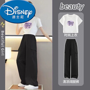 迪士尼（Disney）新品時尚大口袋杰米熊夏季女童套裝中大童T恤防蚊褲工裝褲短袖夏 黑色 短袖+工裝褲 120