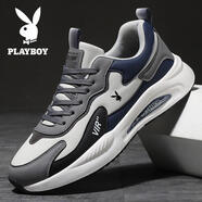 花花公子（PLAYBOY）【100%真皮】運動(dòng)鞋男新款休閑透氣輕便百搭減震跑步男鞋 9088灰色（四季款） 40