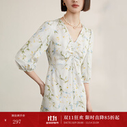 納薇（naivee）商場(chǎng)同款夏抽褶V領(lǐng)碎花修身茶歇裙燈籠袖印花連衣裙女 月白 M 160/84A