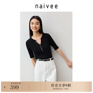 納薇（naivee）商場同款25夏新款亨利領微收腰合身針織T恤知性顯瘦 黑色 L