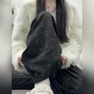 魯雅爾韓系休閑褲女春秋小貓印花垂感糯米褲高腰小個(gè)子直筒潮流闊腿褲 黑色 L