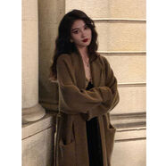 小紅書(shū)同款黑色系帶浴袍針織衫開(kāi)衫中長(cháng)款春季新款慵懶風(fēng)寬松外搭 卡其色 S S