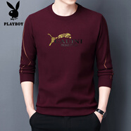 花花公子（PLAYBOY）純色衛(wèi)衣男青年秋季上衣長(zhǎng)袖T恤秋衣德絨休閑體恤小衫磨絨打底衫 金錢(qián)豹/酒紅色 XL
