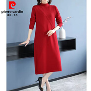 皮爾卡丹（pierre cardin）秋冬針織連衣裙寬松慵懶風(fēng)內(nèi)搭外穿半高領(lǐng)毛衣裙長(zhǎng)款毛衣女打底衫 大紅色 均碼