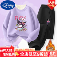 G.DUCKKIDS童裝女童套裝秋冬季加絨加厚庫洛米花邊兒童衛(wèi)衣衛(wèi)褲羊羔絨兩件套 熱售-紫色T430+黑褲T1052小 加絨 90 身高80-90cm年齡2-3歲