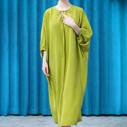 岸香絲縷真絲重磅30姆米橄欖綠圓領(lǐng)V型系帶蝙蝠七分袖歐美連衣裙AE898 橄欖綠 M