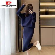 皮爾卡丹（pierre cardin）秋冬季蝙蝠袖套頭毛衣女針織衫兩件套半身裙修身開(kāi)叉過(guò)膝裙小香風(fēng) 藏藍色 L