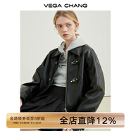VEGA CHANG機(jī)車風(fēng)皮衣女春秋季2025年韓版bf風(fēng)一字扣PU皮夾克短外套 黑色 S