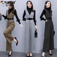 啄木鳥(niǎo)氣質(zhì)名媛毛呢連體褲套裝女神范秋冬新款墜感闊腿背帶褲兩件套 單件黑色毛衣 S