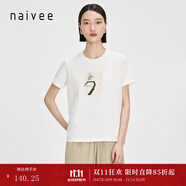 納薇（naivee）商場同款夏新款白色印花圓領(lǐng)合身短袖T恤女休閑上衣 白色 白色 XL 170/92A