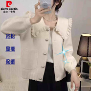 皮爾卡丹（pierre cardin）娃娃領(lǐng)毛呢外套女秋冬新款珍珠絨荷葉邊洋氣時(shí)髦爆款開(kāi)衫短款上衣 米白色 M