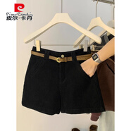 皮爾卡丹（pierre cardin）咖啡色燈芯絨短褲女秋冬2025新款高腰百搭辣妹通勤顯瘦休閑熱褲子 黑色【單褲子】 M