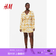 H&M女裝連衣裙秋季復(fù)古翻領(lǐng)氣質(zhì)長(zhǎng)袖通勤襯衫式休閑連身裙1187810 黃色/扎染 155/80