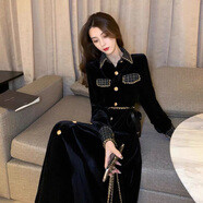 俞兆林法式赫本風(fēng)氣質(zhì)黑色長袖襯衫連衣裙女秋冬大碼胖mm收腰顯瘦長裙子 連衣裙黑色（通勤風(fēng)） L 【建議體重100-120斤】
