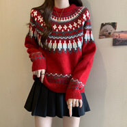 貽華馬年新年毛衣拜年服圣誕節女本命年紅色2026重工提花費爾島秋冬加 紅色(今年流行漂亮/小個(gè)子/輕熟風(fēng)/衣服女2024 M (建議80-100斤)