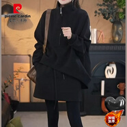 皮爾卡丹（pierre cardin）秋冬加絨加厚寬松套裝2025百搭新款長(cháng)袖顯瘦衛衣時(shí)尚半身裙兩件套 黑色 -加絨加厚(兩件套) 3XL 140-160斤