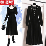 恒源祥大碼女裝2025秋冬新款胖mm遮肚顯瘦收腰氣質(zhì)黑色金絲絨方領(lǐng)連衣裙 黑色（歐美裙子/秋裝女2025年新款/秋季高級(jí)感/ M （建議85-100斤）
