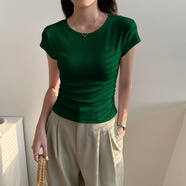 白色圓領(lǐng)短款短袖t恤女夏季 2025新款設(shè)計(jì)感小眾正肩高腰收腰上衣 深綠色_【腰部褶皺款】 S _【85斤以下】