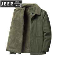 JEEP SPIRIT秋冬季夾克男士外套休閑寬松翻領(lǐng)純棉中老年商務(wù)爸爸上衣服 加絨 軍綠色 XL