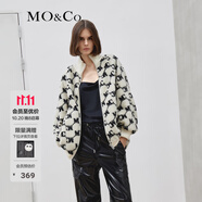 MO&Co.老花毛絨學院風棒球服夾克天毛茸茸外套毛絨外套寬松外套女 白底黑字 S 160