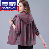 羅蒙（ROMON）高檔短外套女印花中年大號女春秋寬松顯瘦夾克新款連帽老媽裝 豆沙色 有內襯 4XL 130-140