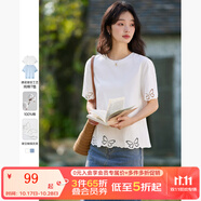 梵希蔓蝴蝶鏤空刺繡T恤女2025夏季新款圓領(lǐng)正肩短袖寬松百搭上衣 A0682 云朵白 L
